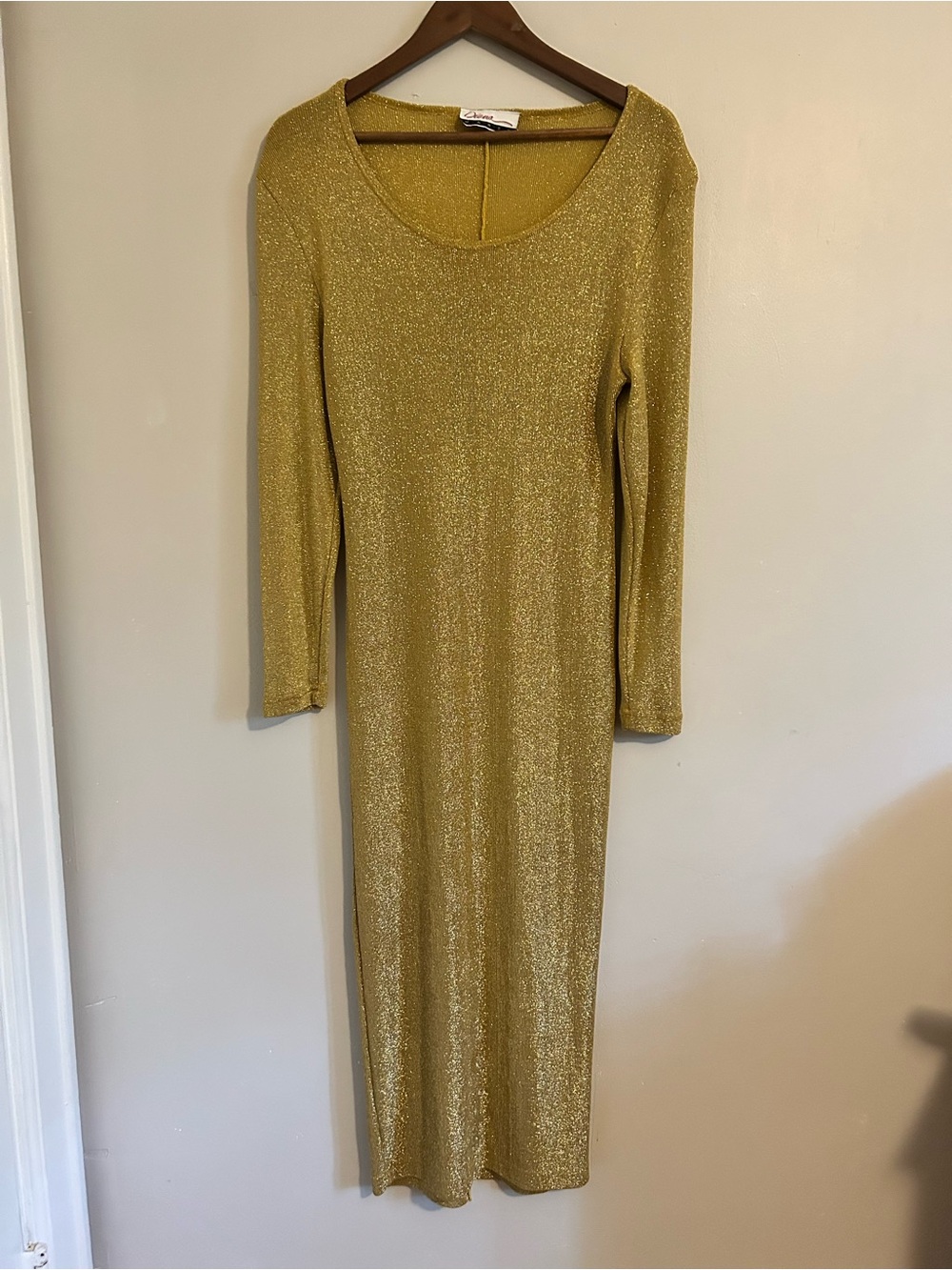 Vintage Diana Marco Gold Shimmer Lurex Long Sleeve Midi Dress 70s 80s Small Med